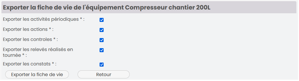 Options d'export de la fiche de vie d'un équipement Options d'export de la fiche de vie d'un équipement