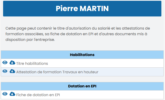 Page publique d'un utilisateur Page publique des habilitations accessible par QR Code